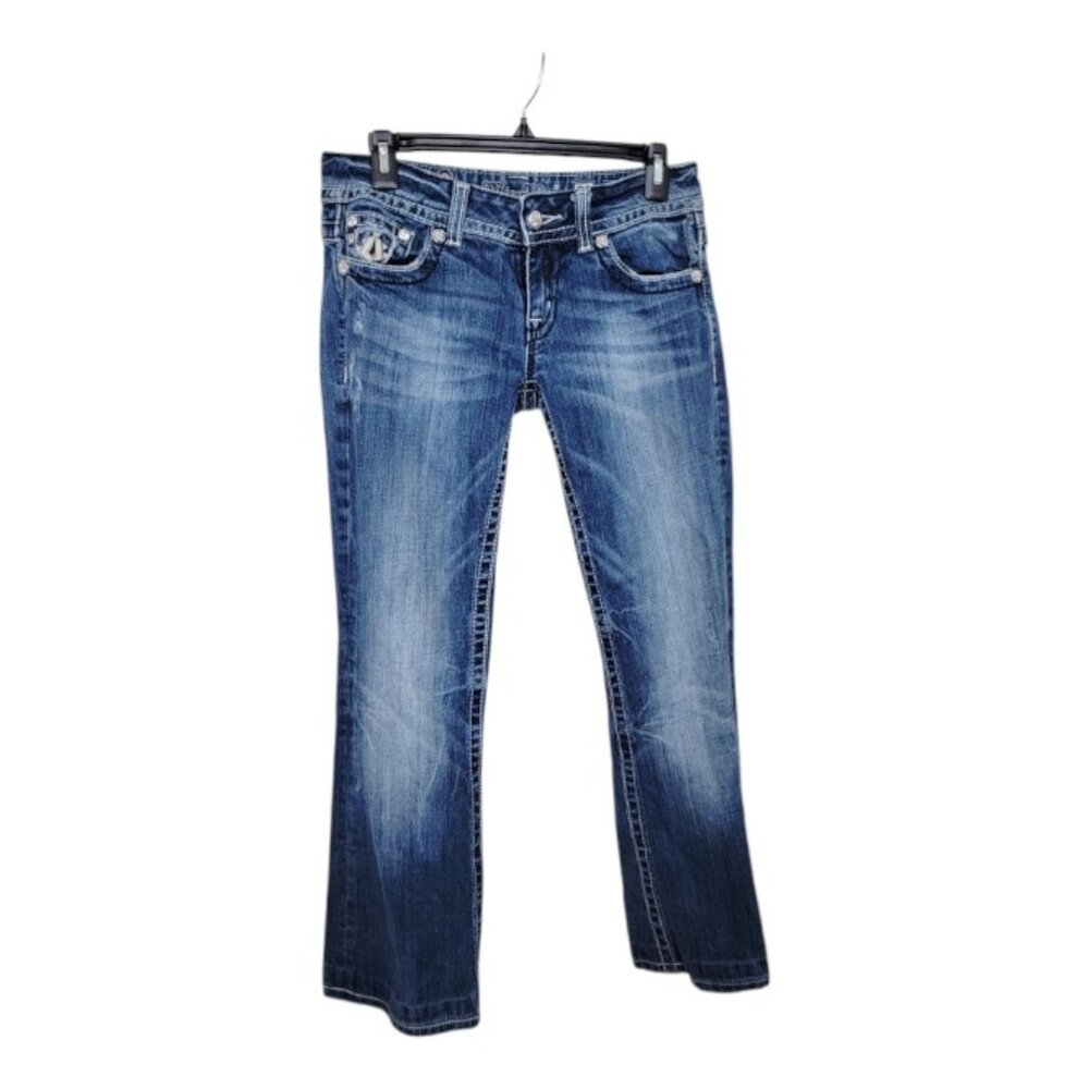 Miss Me Women's Blue Signature Flap Bling Pocket Denim Bootcut Jeans Size 28